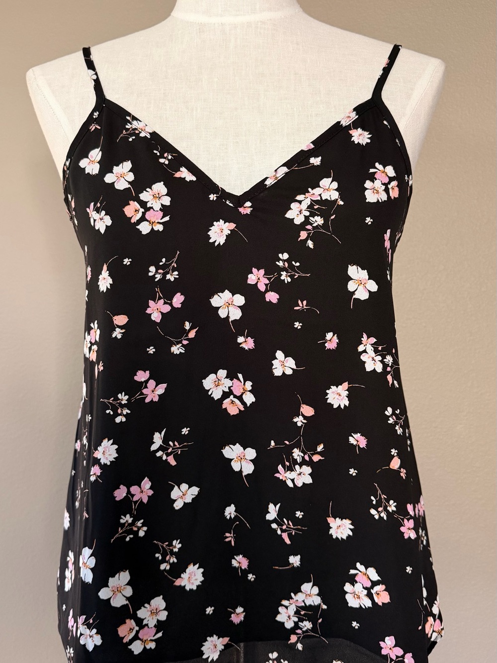 Abound Black Floral V-Neck Cami Tank with Pink & White Blossoms